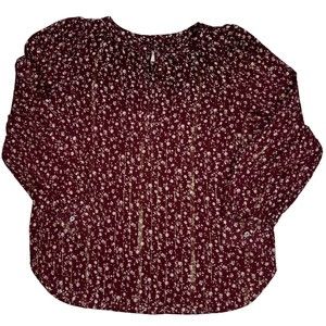 LOFT Dark Red Burgundy Floral Long Sleeve Shirt Cottagecore Gold Metallic Medium